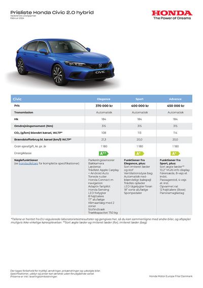 Honda katalog i Vejle | Honda Prisliste Civic Hybrid | 23.3.2024 - 23.3.2025