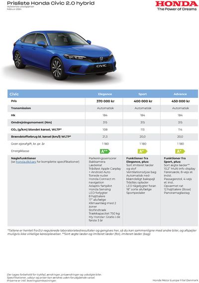 Tilbud fra Biler og motor i Farum | Honda Prisliste Civic hos Honda | 19.7.2024 - 19.7.2025