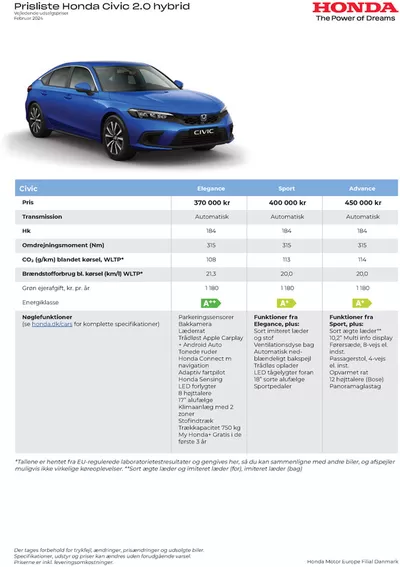 Tilbud fra Biler og motor i Aabenraa | Honda Prisliste Civic hos Honda | 19.7.2024 - 19.7.2025