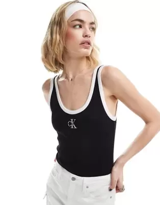 Calvin Klein Jeans - Ribstrikket bodystocking med ringerdetaljer og monogramlogo i sort - Kun hos ASOS på tilbud til 174 kr. hos Asos