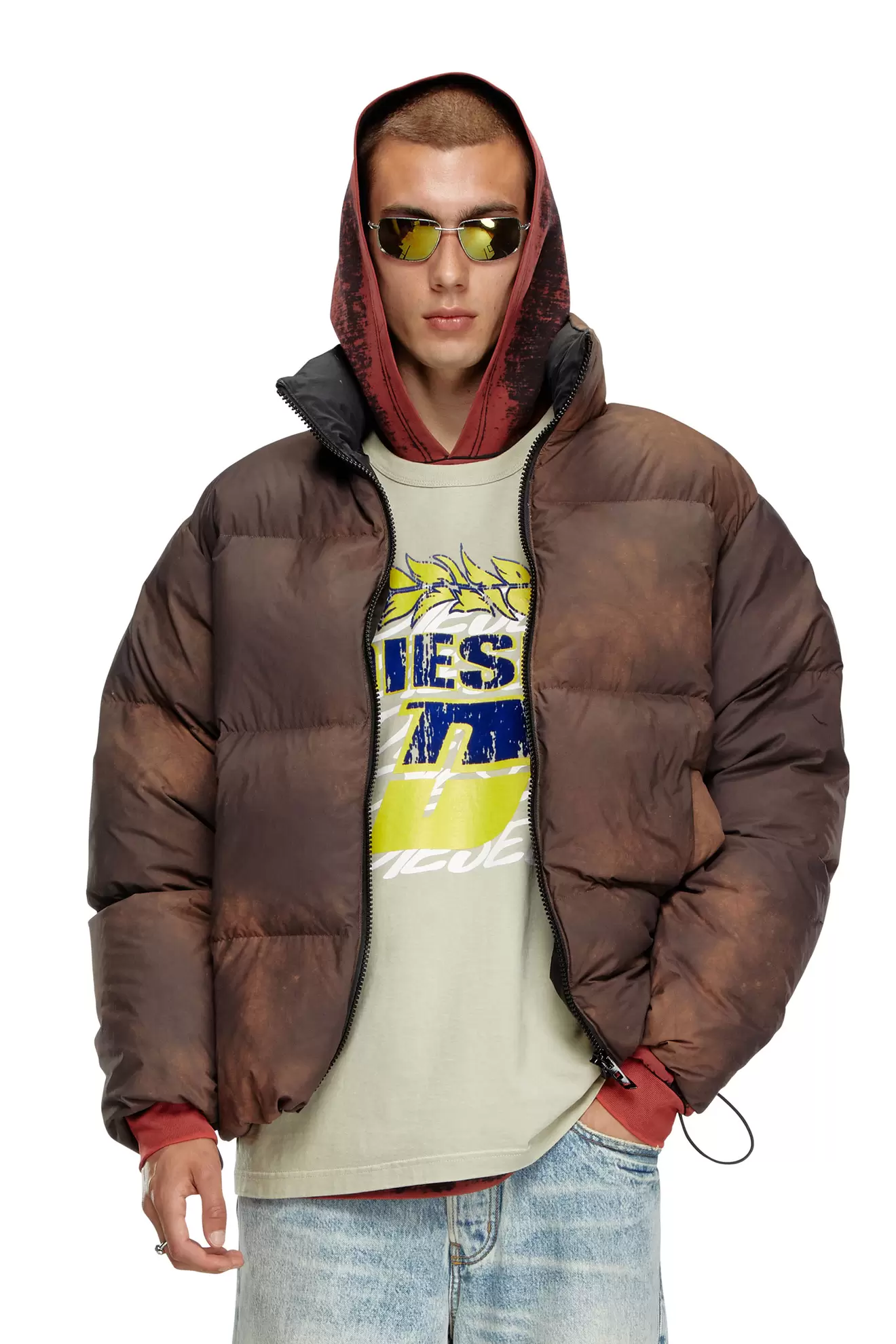 Hooded down jacket in patchy nylon på tilbud til 2050 kr. hos Diesel