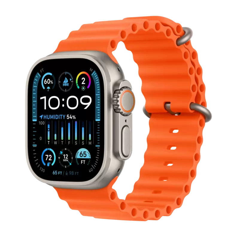 Apple Watch Ultra 2 GPS + Cellular, 49 mm Titanium urkasse med orange ocean-rem på tilbud til 7199 kr. hos Expert