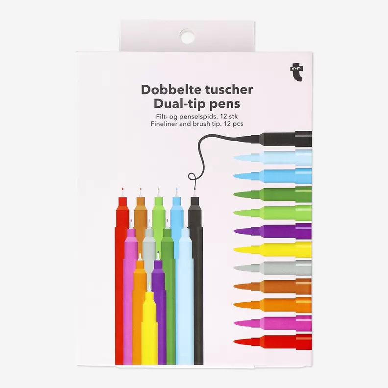 Dobbelte tuscher med fineliner og penselspids - 12 stk på tilbud til 50 kr. hos Flying Tiger