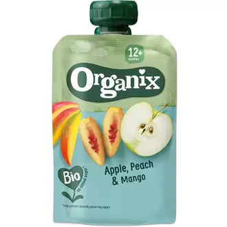 Organix frugtpure m æble, fersken & mango 12 mdr Ø på tilbud til 12,95 kr. hos Helsam