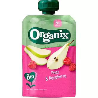 Organix frugtpure m pære & hindbær 6 mdr Ø på tilbud til 12,95 kr. hos Helsam