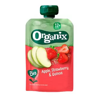 Organix frugtpure m æble,jordbær & quinoa 12 mdr Ø på tilbud til 12,95 kr. hos Helsam